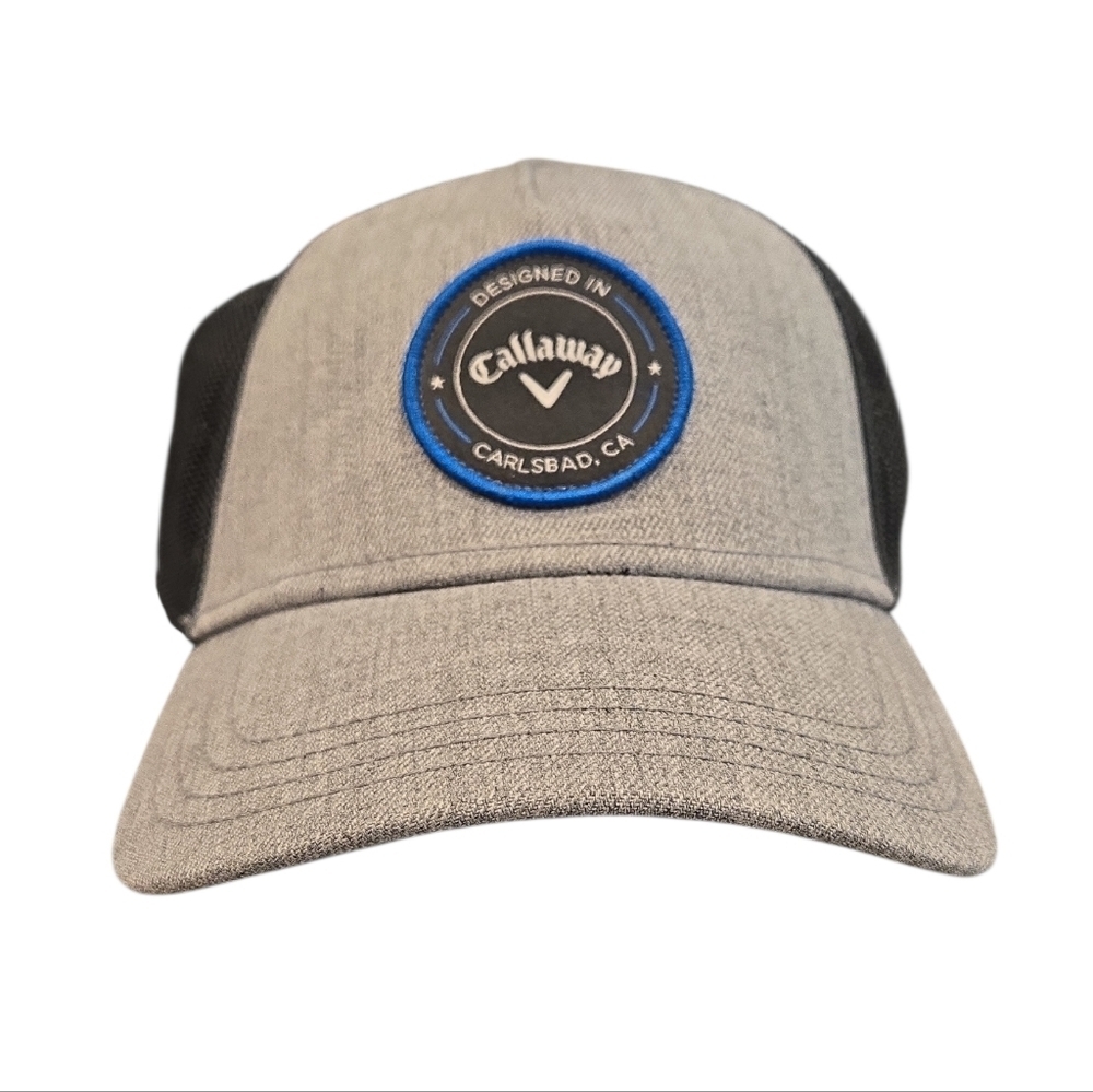 CALLAWAY PLAYING THROUGH TRUCKER ADJUSTABLE GOLF HAT IN GREY AND BLACK. NWOT.